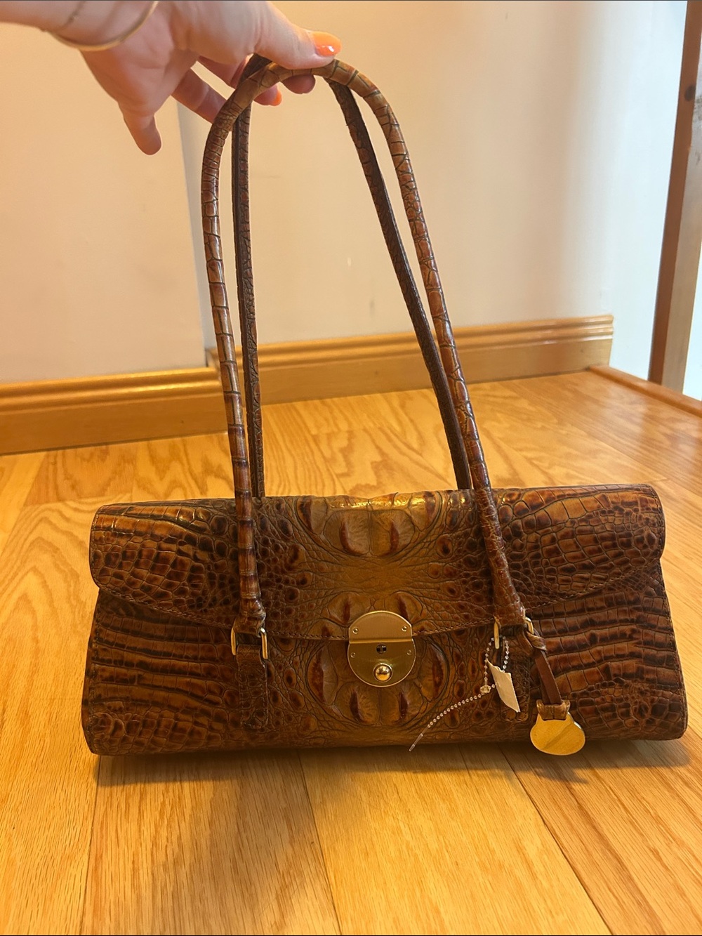 Brahmin Brown Croc-Embossed Leather Shoulder Bag with Gold Hardware